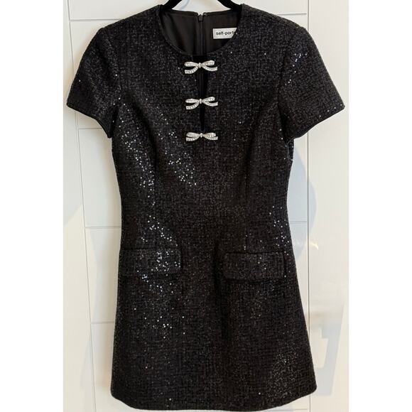Self Portrait Black Boucle Bow Mini Dress Size 6 - Picture 7 of 12